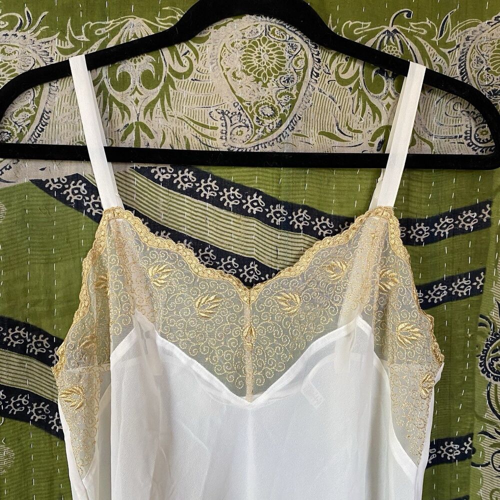 90's Victoria's Secret Ivory/ Gold Sheer Chiffon Mini Slip Dress Size Medium - Picture 2 of 13